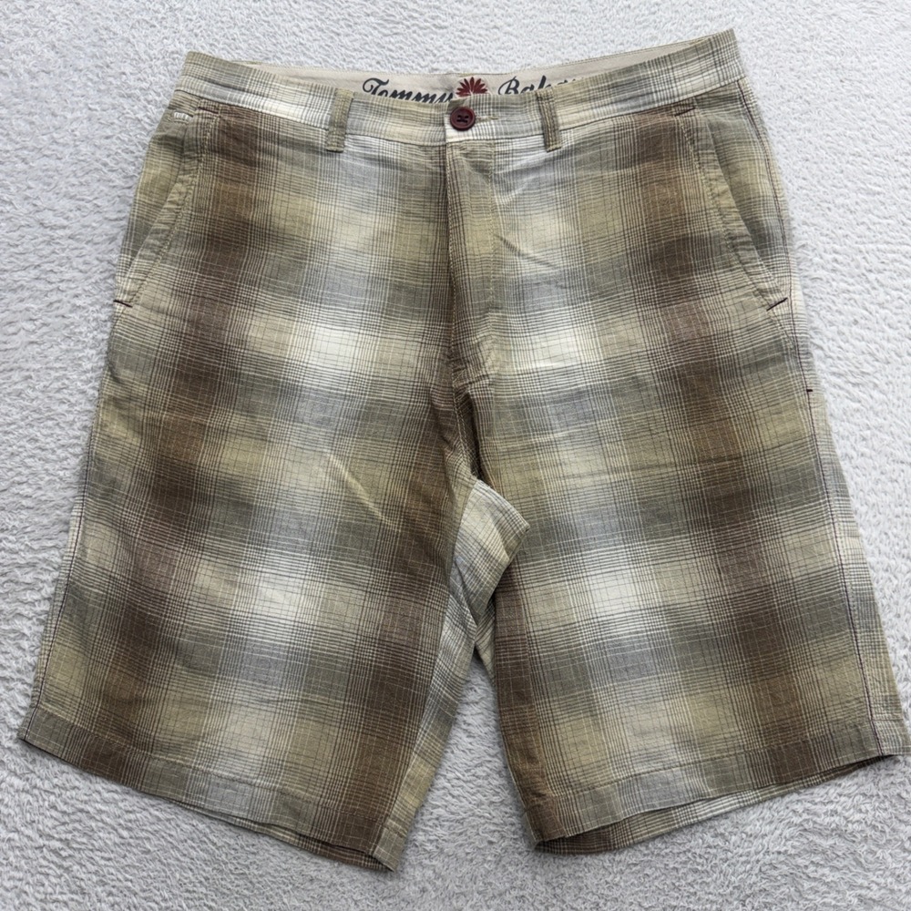 Tommy Bahama Mens 34 Plaid Shorts Brown Tan Linen Silk Blend Flat Front Casual